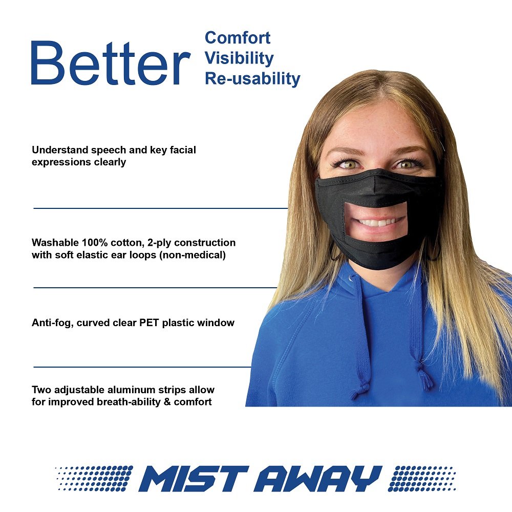 Mist Away Communication Mask with Clear, Anti-fog Window – 3 pack (Black, Blue, Tan)