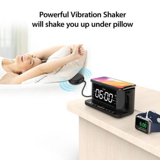 iLuv TimeShaker 5Q Wow LED Dual-Alarm Clock with Qi Wireless Charging Pad and Bed Shaker