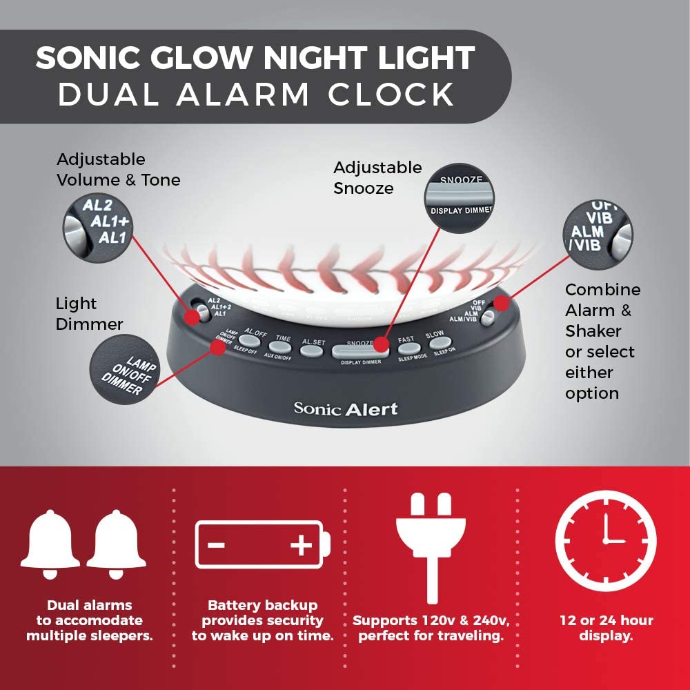 Sonic Glow SBW100BBSS Baseball Alarm Clock with Bed Shaker