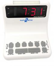 DEAFWORKS Futuristic 2 Dual Alarm Clock with Flashing or Steady Light mode and Dual USB Charging Ports - White